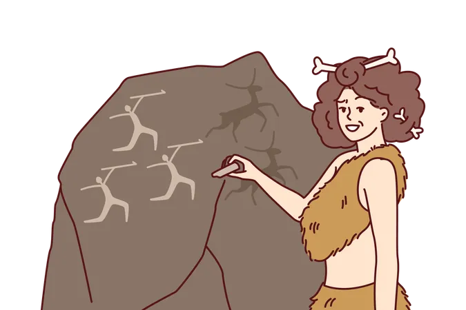 Femme des cavernes primitive dessinant une photo sur pierre  Illustration
