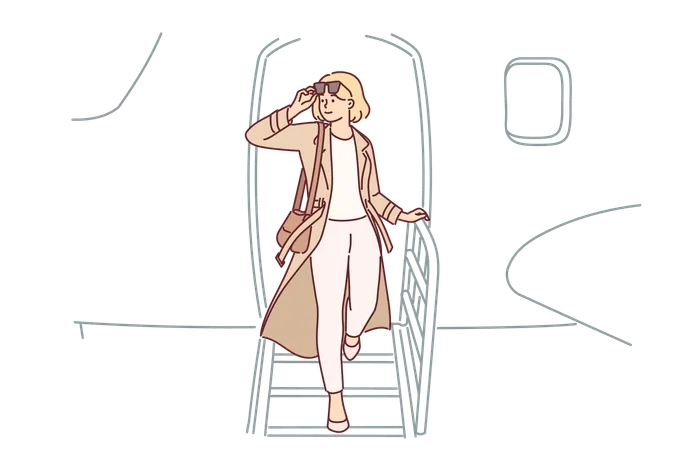 Une femme descend d'un avion  Illustration