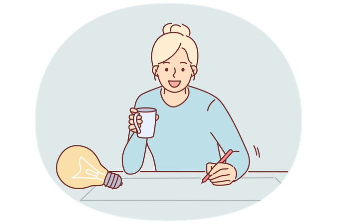 Une femme designer dessine une idée pour un projet architectural sur papier tout en étant assise à table avec une tasse de café  Illustration