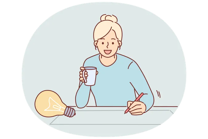 Une femme designer dessine une idée pour un projet architectural sur papier tout en étant assise à table avec une tasse de café  Illustration