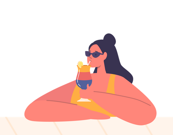 Une femme détendue sirote un cocktail dans la piscine  Illustration