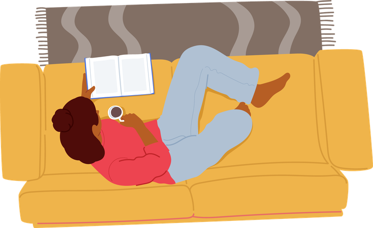 Femme détendue lisant un livre sur un canapé confortable  Illustration