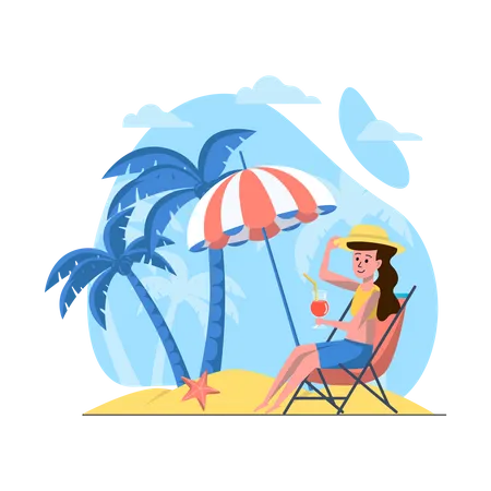 Femme relaxante sur la plage  Illustration