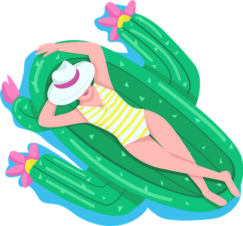 Femme relaxante sur un matelas pneumatique cactus  Illustration