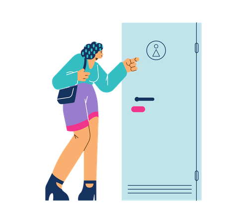 Femme devant des toilettes occupées avec une pancarte sur la porte  Illustration