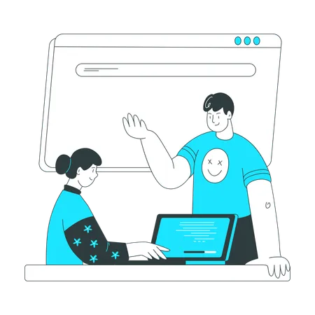 Femme devant un ordinateur créant un site web  Illustration
