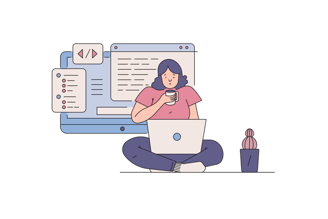 Développeuse de site Web féminine travaillant sur le code  Illustration