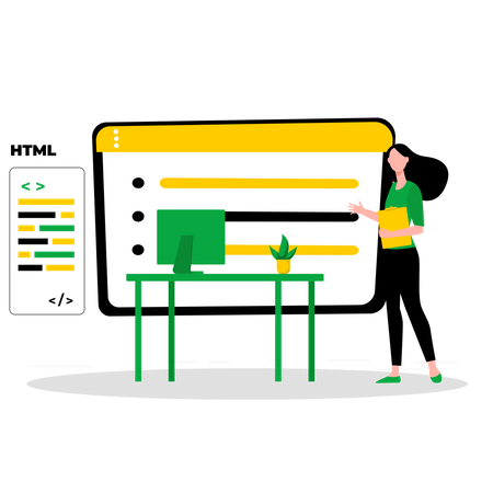 Développeuse HTML féminine travaillant avec du code  Illustration