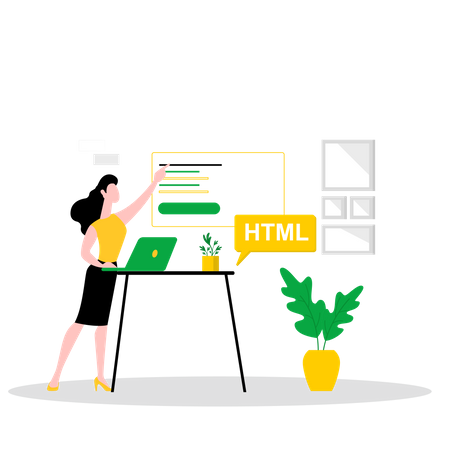 Développeuse HTML féminine travaillant sur un site Web  Illustration