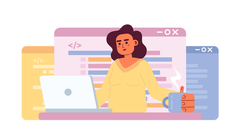 Développeuse Web féminine travaillant au bureau  Illustration