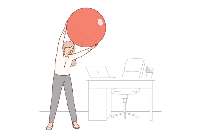 Une femme chef de bureau fait de la gymnastique sur son lieu de travail et utilise un ballon de Pilates pour étirer la colonne vertébrale  Illustration