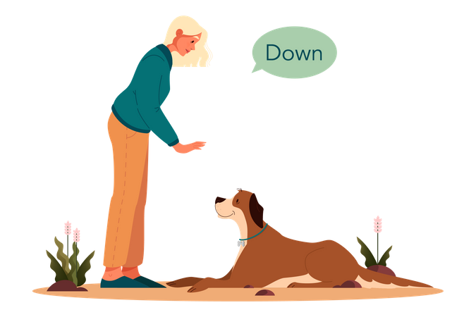 Femme disant à son chien de s'asseoir  Illustration