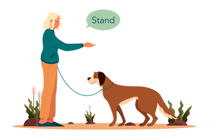 Femme disant à son chien de se tenir debout  Illustration