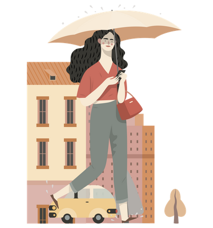 Femme discutant au téléphone tout en tenant un parapluie  Illustration