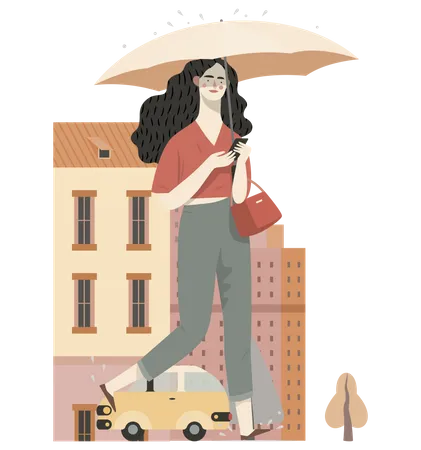 Femme discutant au téléphone tout en tenant un parapluie  Illustration