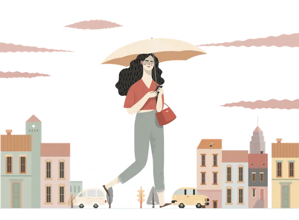 Femme discutant au téléphone tout en tenant un parapluie  Illustration