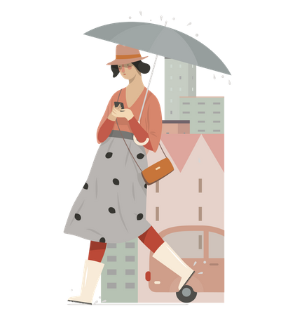 Femme discutant au téléphone tout en tenant un parapluie  Illustration