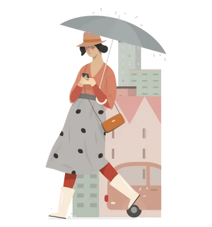 Femme discutant au téléphone tout en tenant un parapluie  Illustration