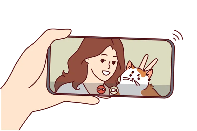 Une femme discute au téléphone avec son chat à la main  Illustration