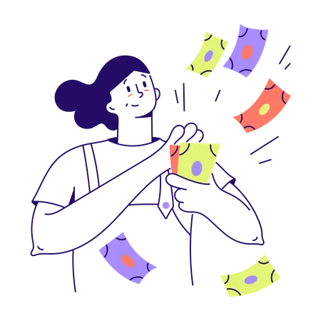 Une femme disperse des billets d'argent  Illustration