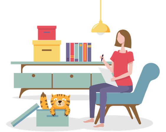 Femme distraite par un chat alors qu'elle travaille à domicile  Illustration