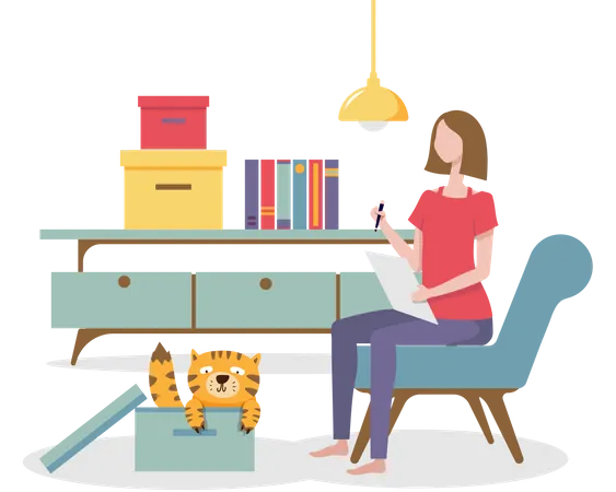 Femme distraite par un chat alors qu'elle travaille à domicile  Illustration