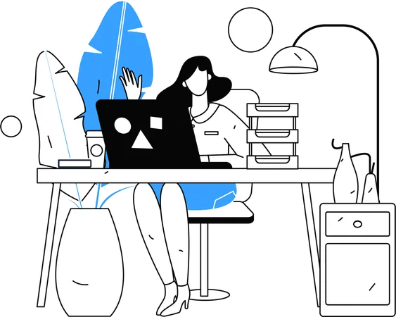 Une femme dit bonjour en travaillant au bureau  Illustration