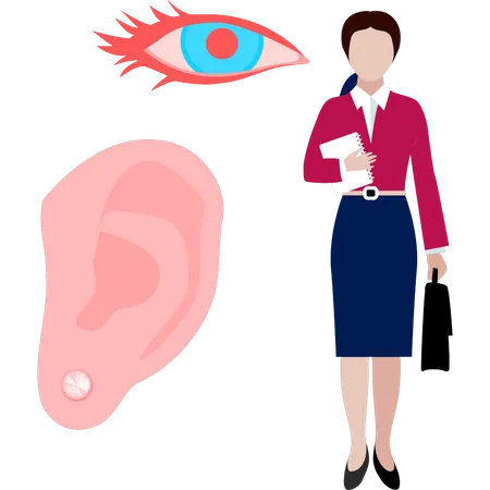 Femme médecin debout à côté de l'oreille  Illustration