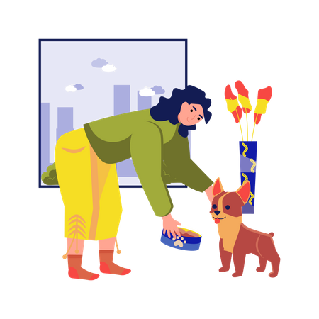 Femme donnant à manger à son chien  Illustration