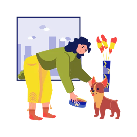 Femme donnant à manger à son chien  Illustration