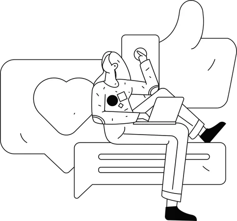 Femme donnant des évaluations en ligne à l'aide d'un ordinateur portable  Illustration