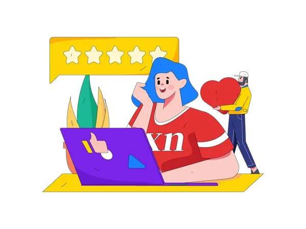 Femme donnant des évaluations en ligne à l'aide d'un ordinateur portable  Illustration