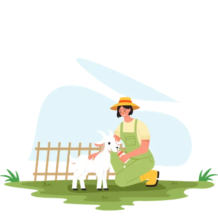 Une femme donne du lait à un bébé chèvre  Illustration