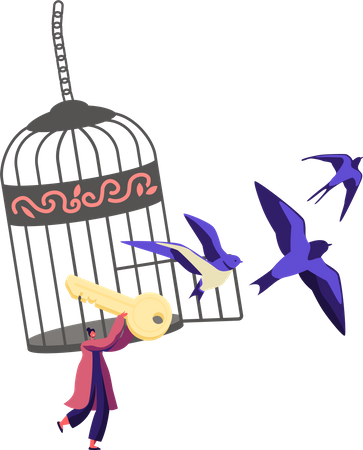 Femme donnant la liberté aux oiseaux piégés de la cage  Illustration