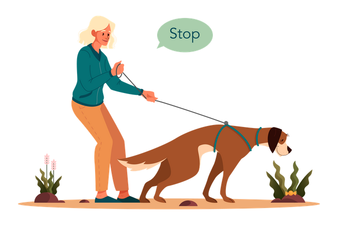 Femme donnant l'ordre d'arrêter au chien  Illustration