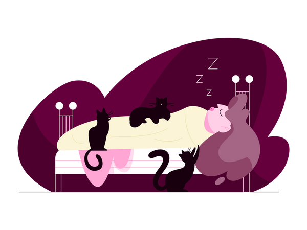 Femme qui dort avec des chats  Illustration