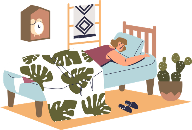 Femme dormant confortablement allongée sous une couverture dans son lit avec matelas confort  Illustration