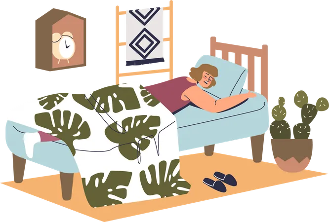 Femme dormant confortablement allongée sous une couverture dans son lit avec matelas confort  Illustration