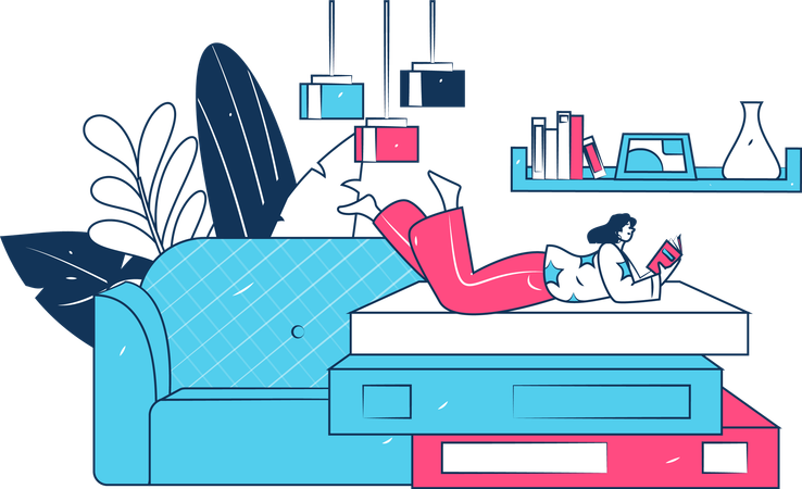 Femme dormant sur le lit en lisant un livre  Illustration