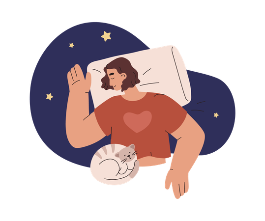 Une femme dort avec un chat  Illustration