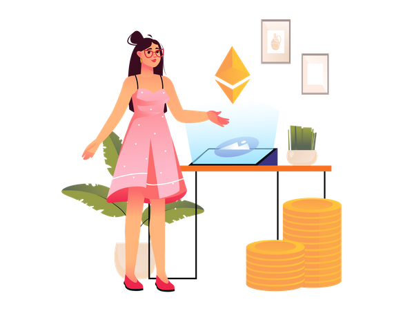 Femme échangeant de l’art Ethereum NFT  Illustration
