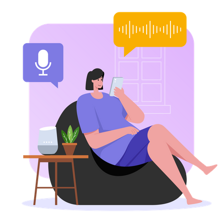 Femme écoutant un podcast assise sur un pouf  Illustration