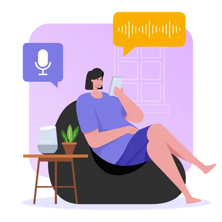 Femme écoutant un podcast assise sur un pouf  Illustration