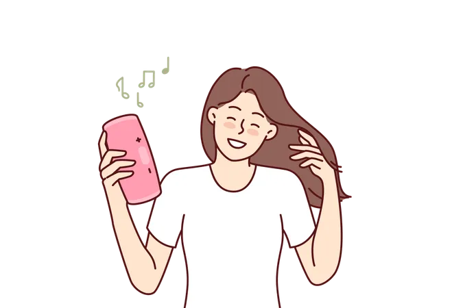 Une femme écoute des chansons sur un appareil portable  Illustration