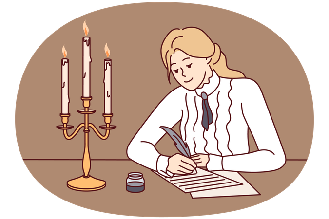 Une femme écrit avec une plume dans un style rétro  Illustration
