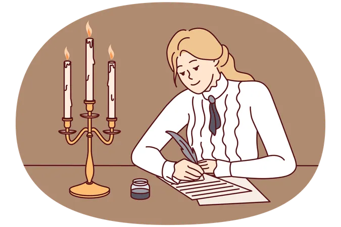 Une femme écrit avec une plume dans un style rétro  Illustration