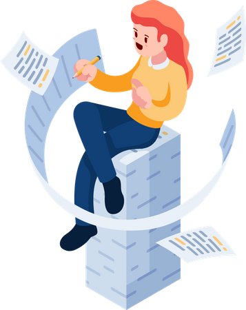 Femme écrivant et assise sur une pile de documents  Illustration