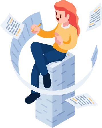 Femme écrivant et assise sur une pile de documents  Illustration