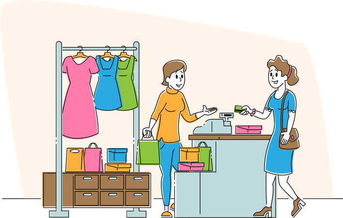 Femme effectuant un paiement dans un magasin de vêtements  Illustration