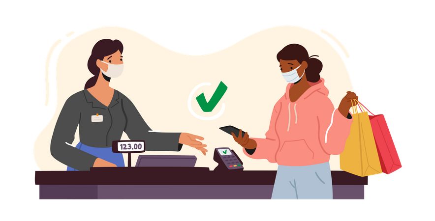 Femme effectuant un paiement sans contact dans un supermarché pendant le coronavirus  Illustration